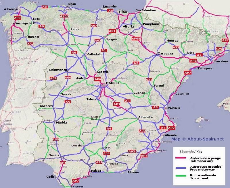 Road map of Spain